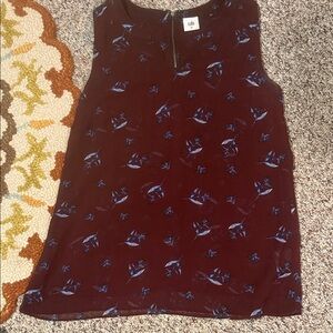 CAbi Burgundy Sleeveless Top with Blue Floral Design